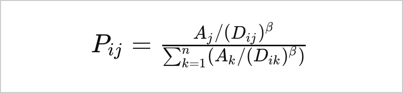 ハフモデルの数式。ある施設jが選択される確率P𝑖𝑗を示すもので、式は施設の魅力度𝐴𝑗を距離𝐷𝑖𝑗で割ったものを、すべての候補施設に対して計算し、その合計で割る形になっている。