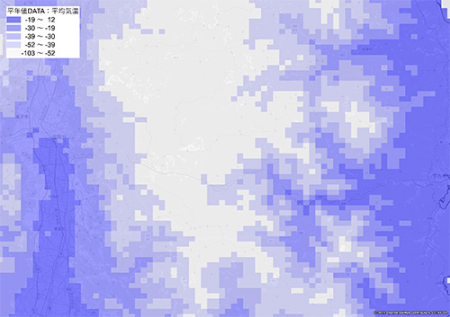 地域の平均気温を示すヒートマップ。地図上には、青から紫のグラデーションで色分けされたエリアが広がり、各エリアの平均気温が視覚的に示されています。色の濃淡は温度の違いを反映しており、最も寒いエリアは濃い紫色で表示され、より暖かいエリアは薄い青色で表示されています。地図には都市や主要道路が背景として描かれ、気温の分布が地理的な位置と結びついて表示されています。