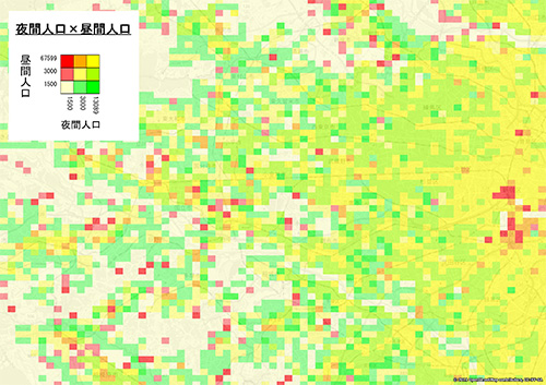 地図上に昼間人口と夜間人口の密度を示すヒートマップ。地図には、赤、黄、緑のグリッドが配置されており、それぞれが昼間と夜間の人口密度を表しています。色の違いにより、人口密度の高いエリア（赤色）と低いエリア（緑色）が視覚的に区別されています。左上には凡例があり、色と対応する人口密度の範囲が示されています。この情報は、地域の人口動態や活動の理解に役立ちます。