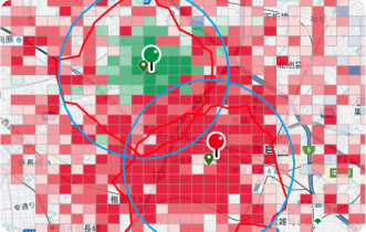 自店間の商圏や自店と他店の勝ち負け商圏などの傾向も分析可能（画面イメージ）